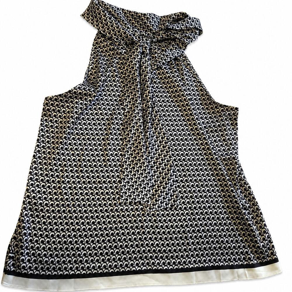 WHBM Womens L Clove Knot Wht/Blk Geometric Mock Neck Tie Sleeveless Blouse NWT